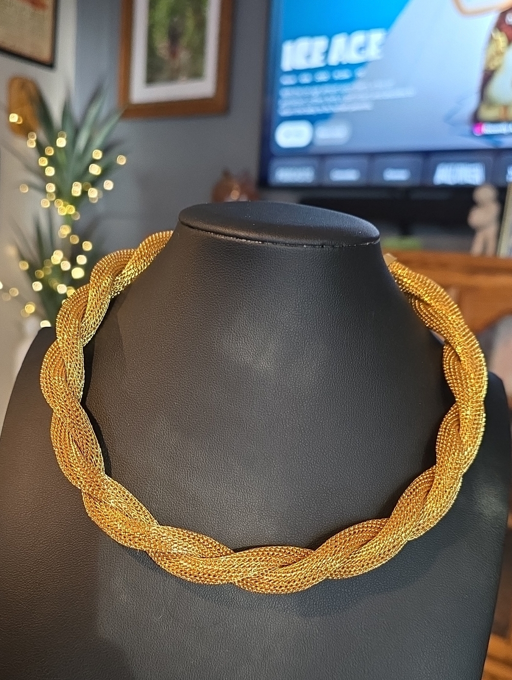 Vintage 1980s/1990s Gold Tone Braided Mesh Collar Statement Choker Necklace
